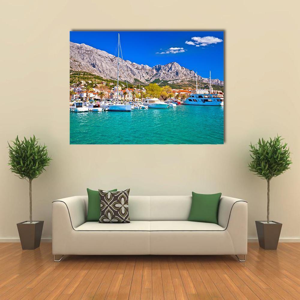Baska Voda Waterfront View Canvas Wall Art in gray, green and blue, single panel hung on a wall