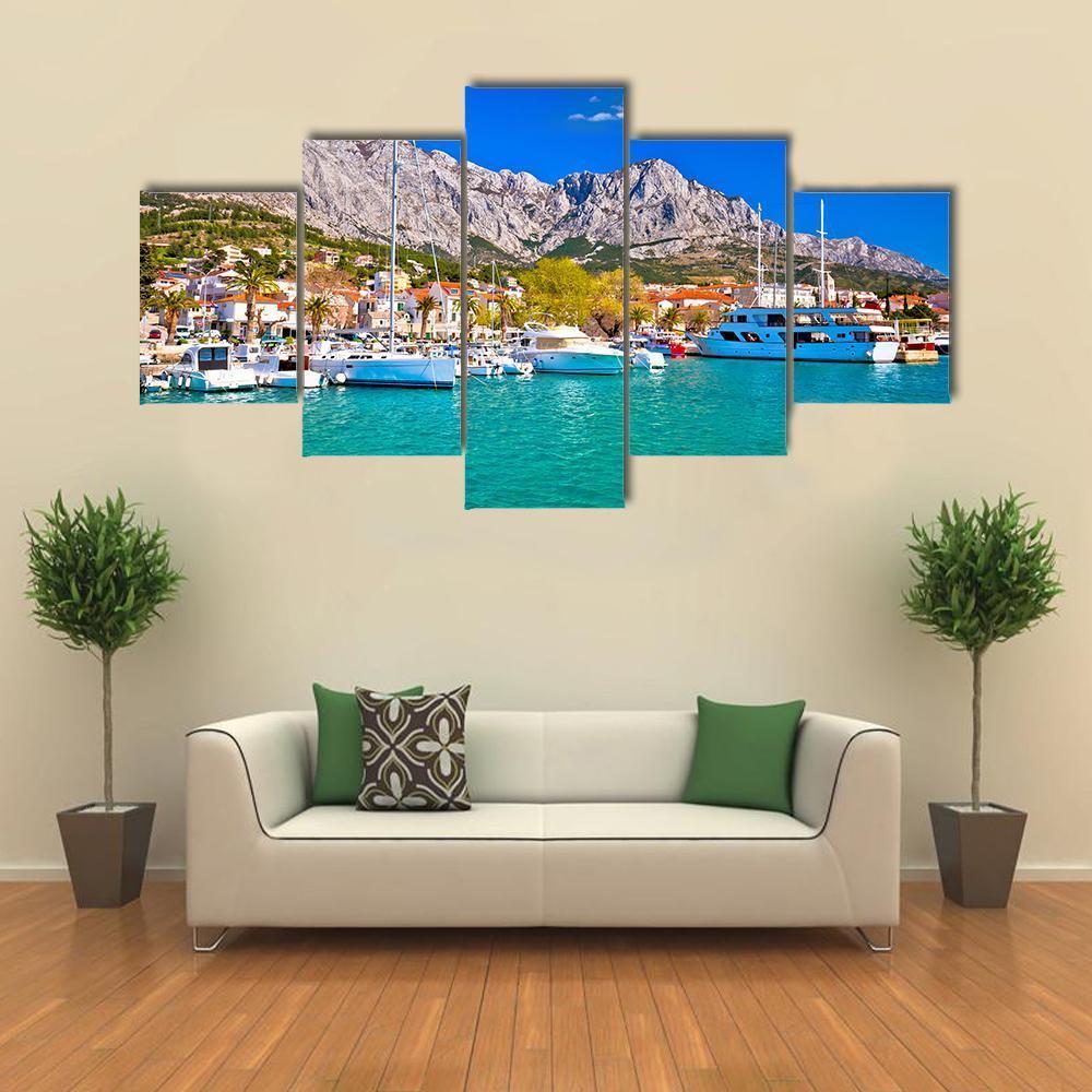 Town Of Baska Voda Waterfront View Canvas Wall Art-5 Star-Gallery Wrap-62" x 32"-Tiaracle