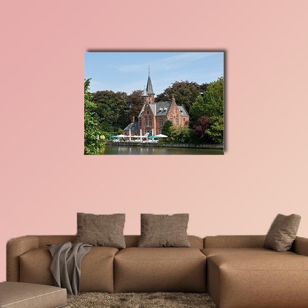 Town of Bruges, Belgium Canvas Wall Art in brown, green and blue, single panel hung on a wall