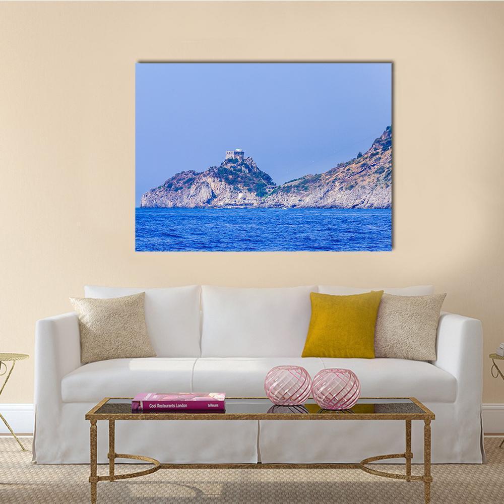 Conca Dei Marini, Amalfi Coast Canvas Wall Art in brown and blue, single panel hung on a wall