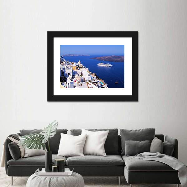 Town Of Fira In Santorini Canvas Wall Art-1 Piece-Framed Print-20" x 16"-Tiaracle