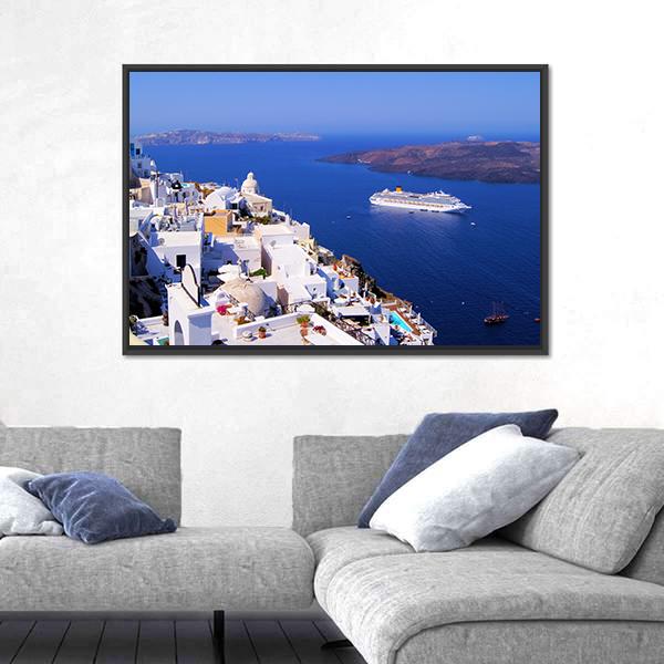 Town Of Fira In Santorini Canvas Wall Art-1 Piece-Floating Frame-24" x 16"-Tiaracle