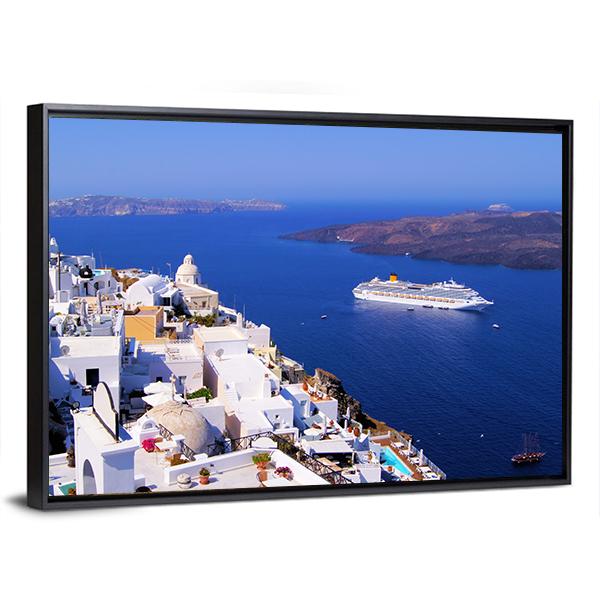 Town Of Fira In Santorini Canvas Wall Art-3 Horizontal-Gallery Wrap-25" x 16"-Tiaracle