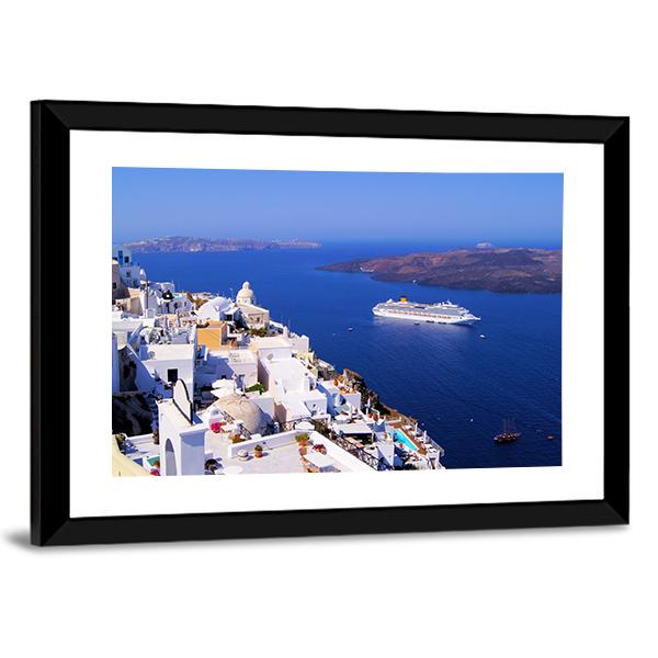 Town Of Fira In Santorini Canvas Wall Art-3 Horizontal-Gallery Wrap-25" x 16"-Tiaracle