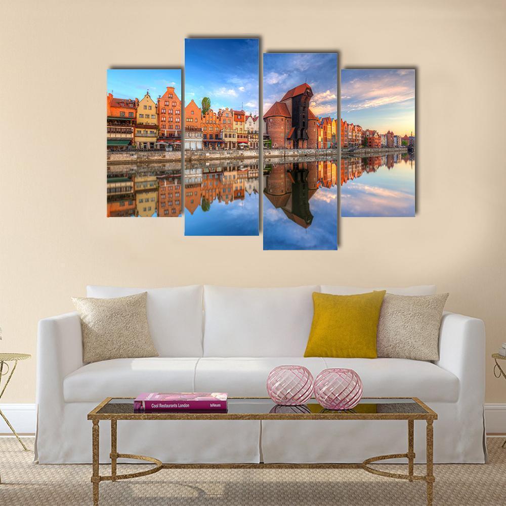 Town Of Gdansk Reflected In Motlawa River Canvas Wall Art-4 Pop-Gallery Wrap-50" x 32"-Tiaracle