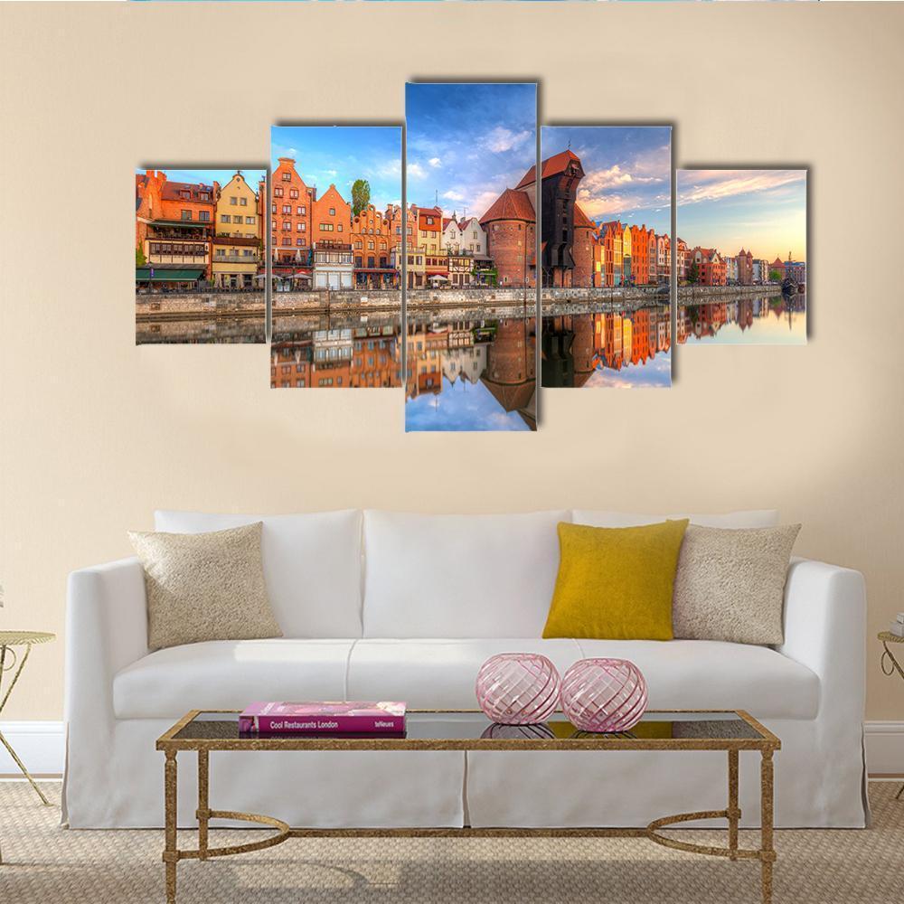 Town Of Gdansk Reflected In Motlawa River Canvas Wall Art-5 Star-Gallery Wrap-62" x 32"-Tiaracle