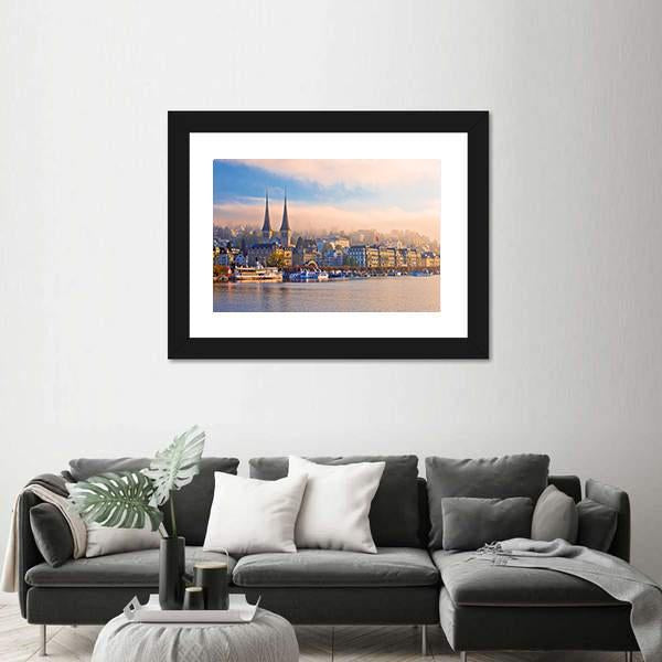 Town Of Luzern Morning Fog View From Lake Canvas Wall Art-1 Piece-Framed Print-20" x 16"-Tiaracle