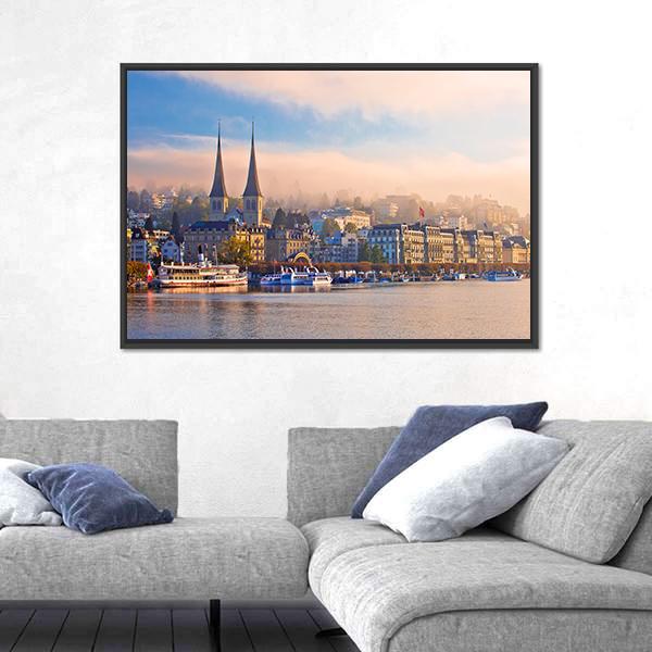 Town Of Luzern Morning Fog View From Lake Canvas Wall Art-1 Piece-Floating Frame-24" x 16"-Tiaracle