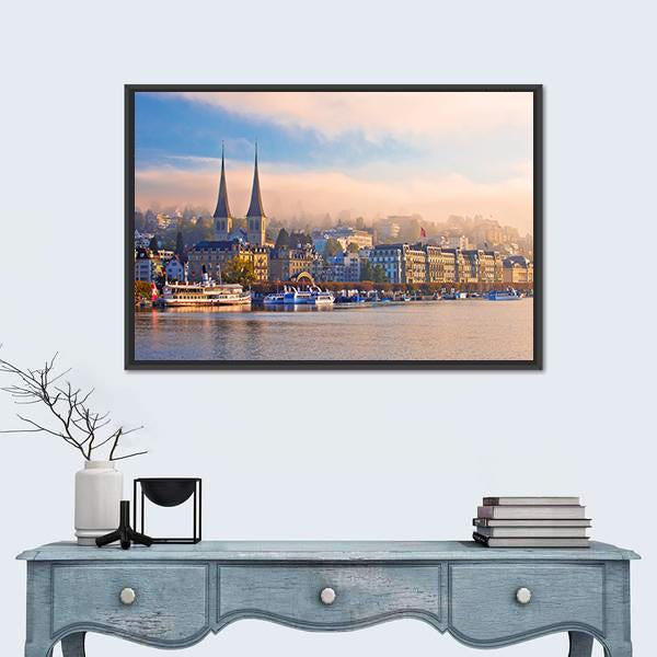 Town Of Luzern Morning Fog View From Lake Canvas Wall Art-3 Horizontal-Gallery Wrap-25" x 16"-Tiaracle