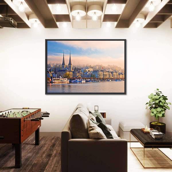 Town Of Luzern Morning Fog View From Lake Canvas Wall Art-3 Horizontal-Gallery Wrap-25" x 16"-Tiaracle
