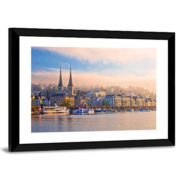 Town Of Luzern Morning Fog View From Lake Canvas Wall Art-3 Horizontal-Gallery Wrap-25" x 16"-Tiaracle