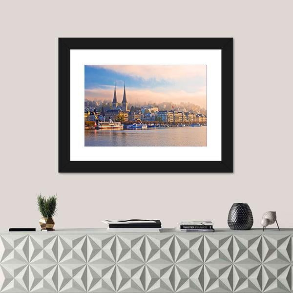 Town Of Luzern Morning Fog View From Lake Canvas Wall Art-3 Horizontal-Gallery Wrap-25" x 16"-Tiaracle