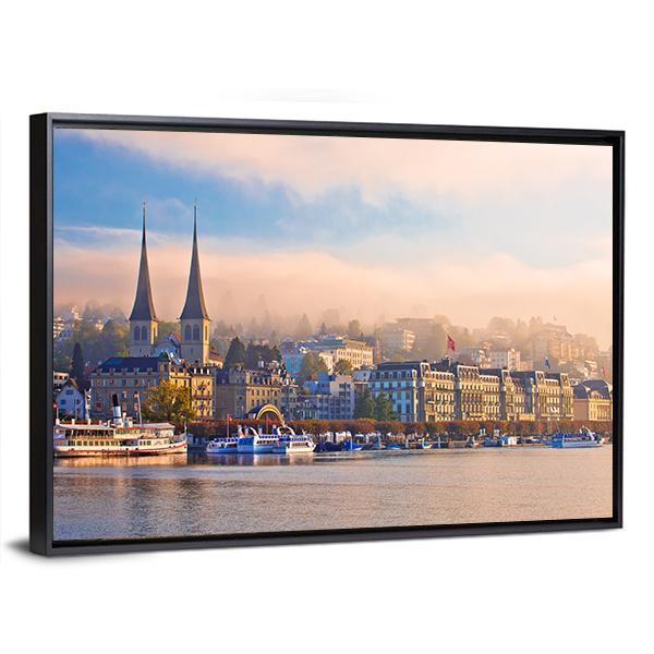Town Of Luzern Morning Fog View From Lake Canvas Wall Art-3 Horizontal-Gallery Wrap-25" x 16"-Tiaracle