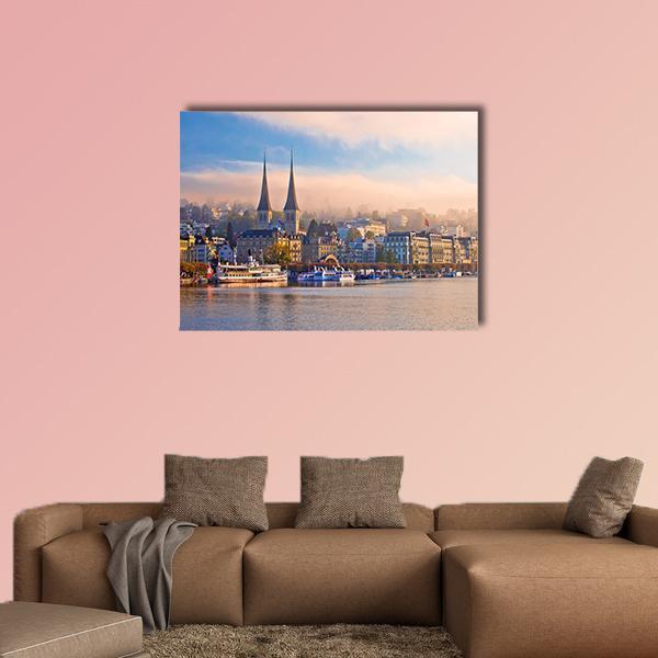 Town Of Luzern Morning Fog View From Lake Canvas Wall Art-1 Piece-Gallery Wrap-48" x 32"-Tiaracle