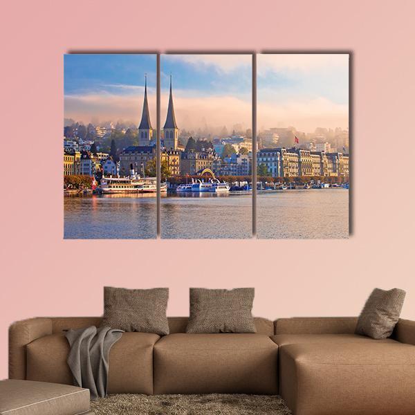 Town Of Luzern Morning Fog View From Lake Canvas Wall Art-4 Pop-Gallery Wrap-50" x 32"-Tiaracle