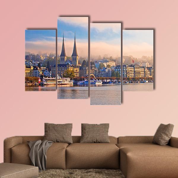Town Of Luzern Morning Fog View From Lake Canvas Wall Art-4 Pop-Gallery Wrap-50" x 32"-Tiaracle