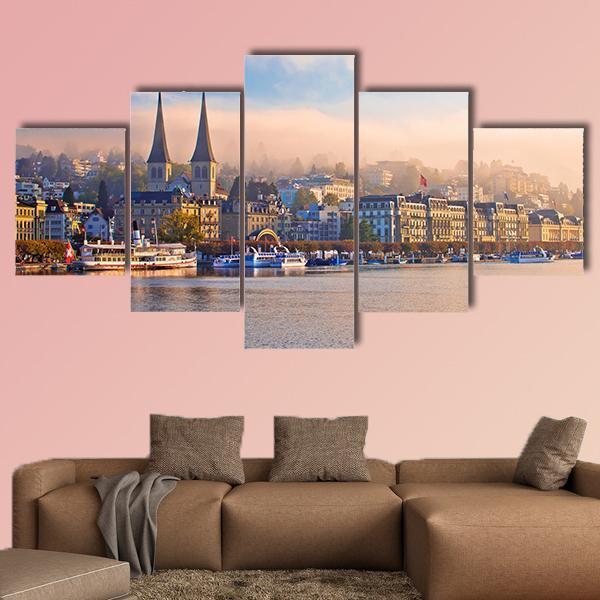 Town Of Luzern Morning Fog View From Lake Canvas Wall Art-5 Star-Gallery Wrap-62" x 32"-Tiaracle