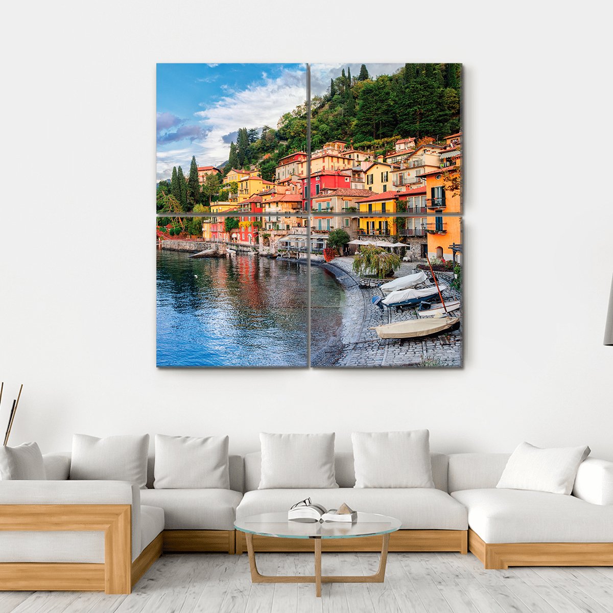 Menaggio on Lake Como Town View Canvas Wall Art in orange, green and blue, hung on a wall