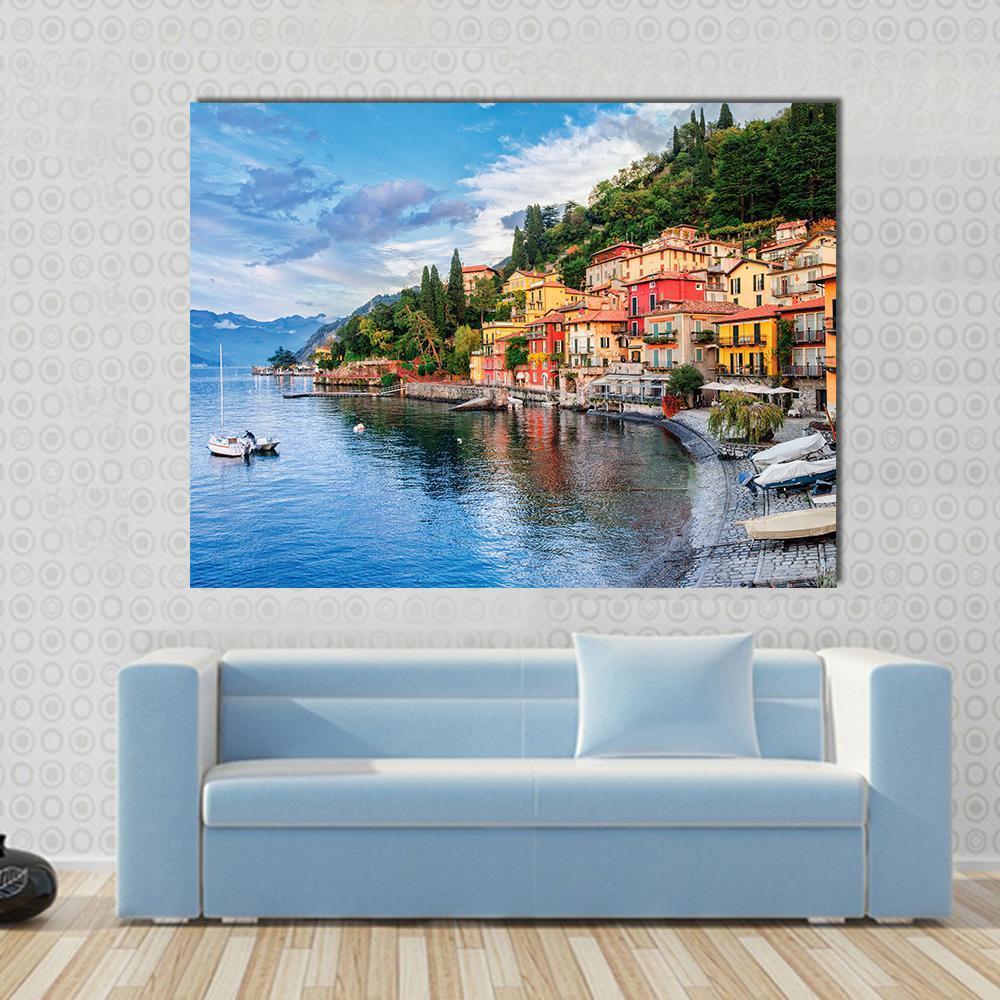 Menaggio on Lake Como Canvas Wall Art in orange, green and blue, single panel hung on a wall