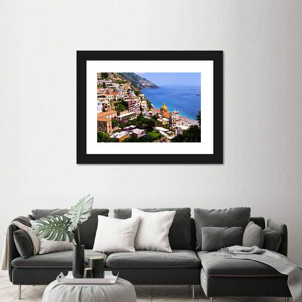Town Of Positano On Amalfi Coast Canvas Wall Art-1 Piece-Framed Print-20" x 16"-Tiaracle