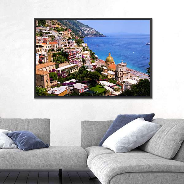 Town Of Positano On Amalfi Coast Canvas Wall Art-1 Piece-Floating Frame-24" x 16"-Tiaracle