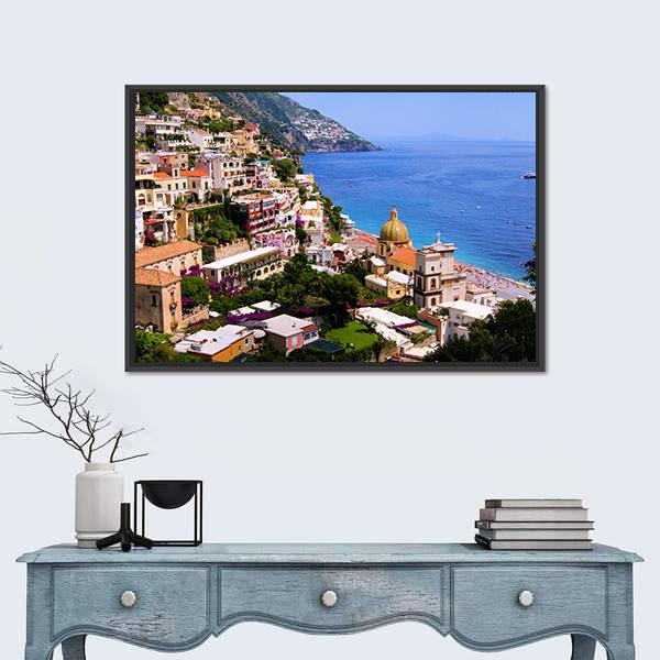 Town Of Positano On Amalfi Coast Canvas Wall Art-3 Horizontal-Gallery Wrap-25" x 16"-Tiaracle