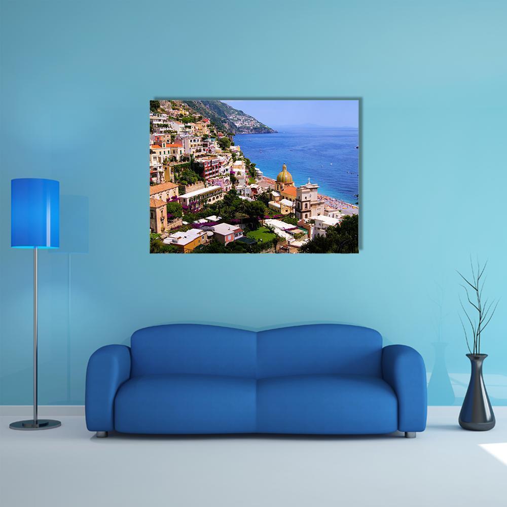 Positano on the Amalfi Coast Canvas Wall Art in beige, green and blue, single panel hung on a wall