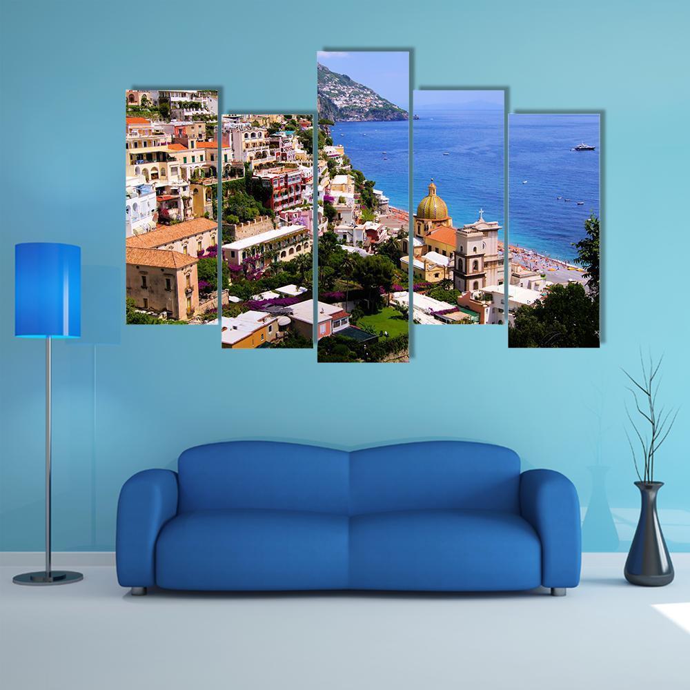 Town Of Positano On Amalfi Coast Canvas Wall Art-5 Pop-Gallery Wrap-47" x 32"-Tiaracle