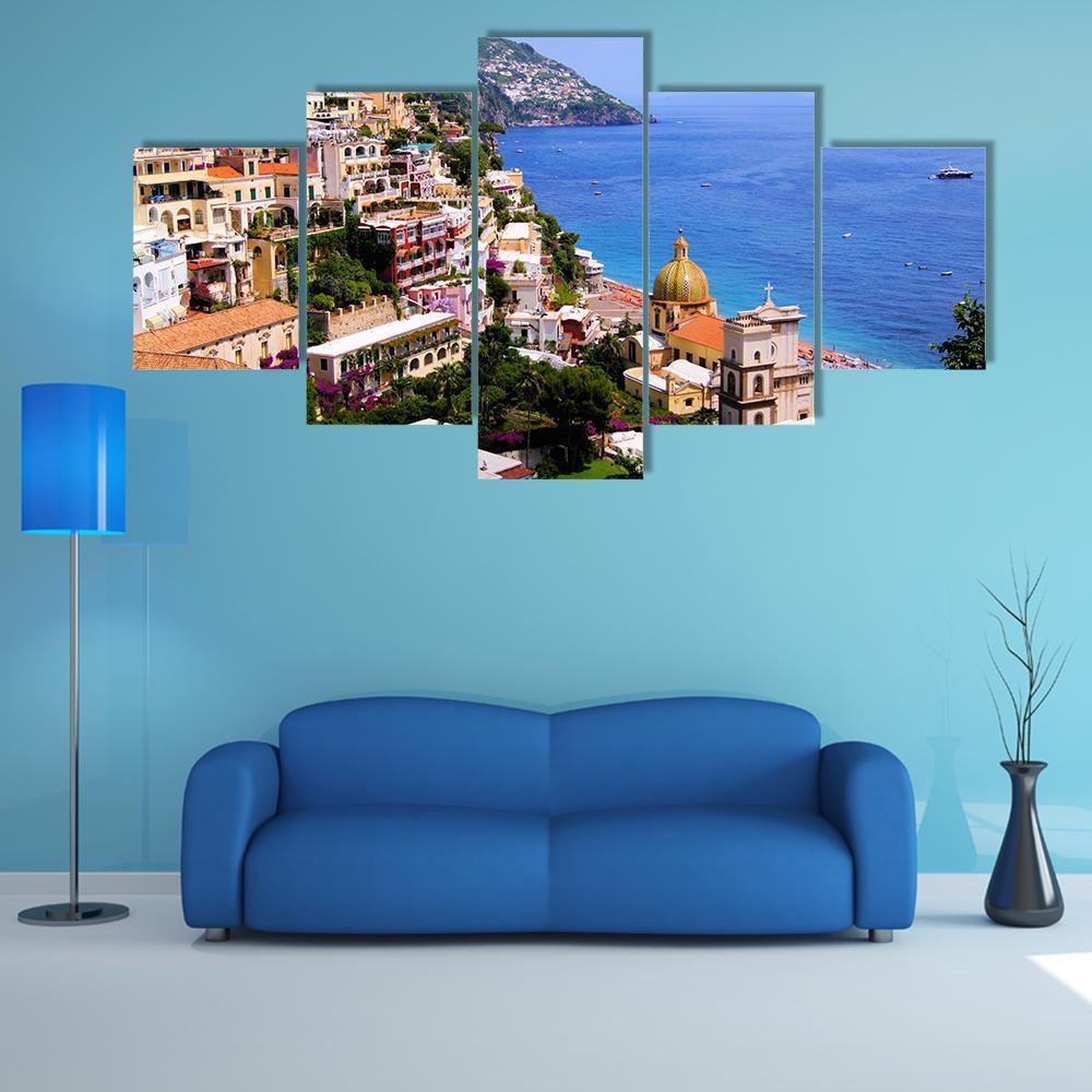 Town Of Positano On Amalfi Coast Canvas Wall Art-5 Star-Gallery Wrap-62" x 32"-Tiaracle
