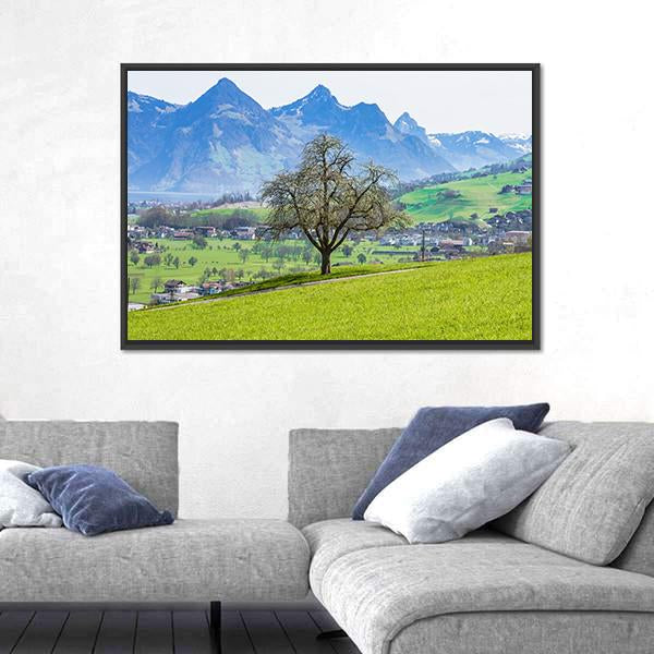 Town Of Stans With Mt Stanserhorn Canvas Wall Art-1 Piece-Floating Frame-24" x 16"-Tiaracle