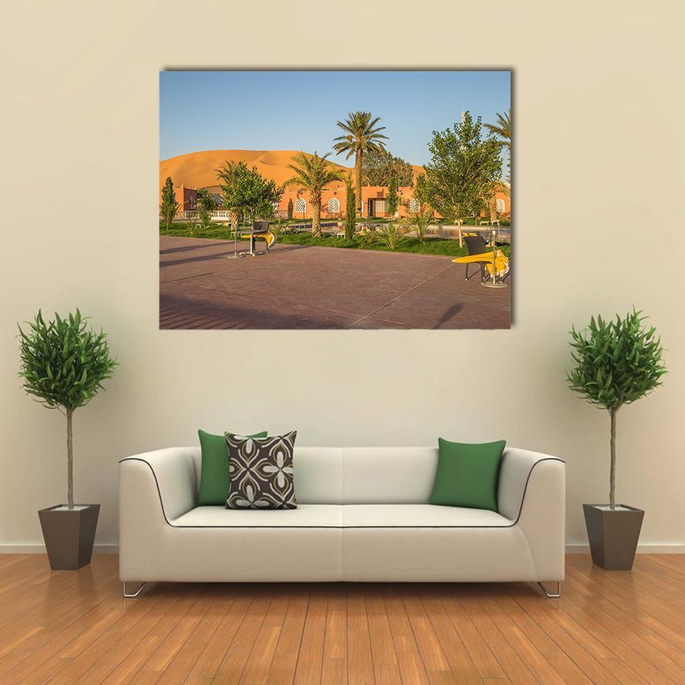 Taghit Town, Algeria Canvas Wall Art in brown, orange and blue, single panel hung on a wall