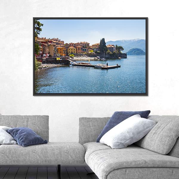Varenna on Lake Como, Italy Canvas Wall Art in orange, yellow and blue, framed canvas, product view on a white background