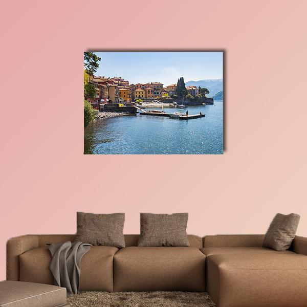 Varenna on Lake Como, Italy Canvas Wall Art in orange, yellow and blue, single panel hung on a wall