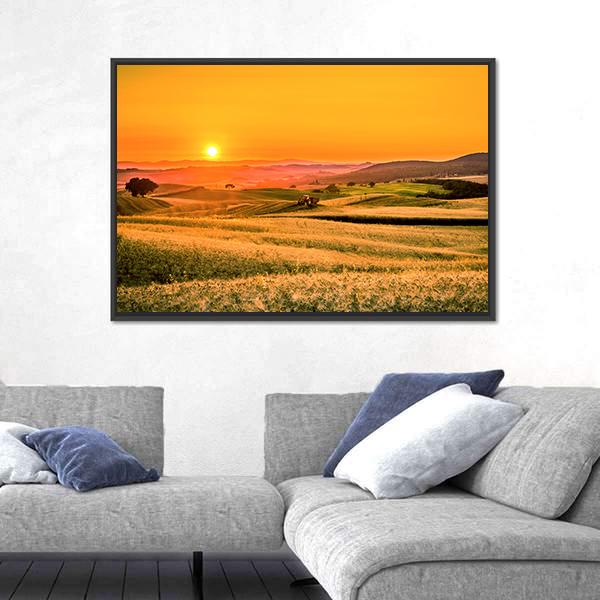 Tractor In Fields Canvas Wall Art-1 Piece-Floating Frame-24" x 16"-Tiaracle