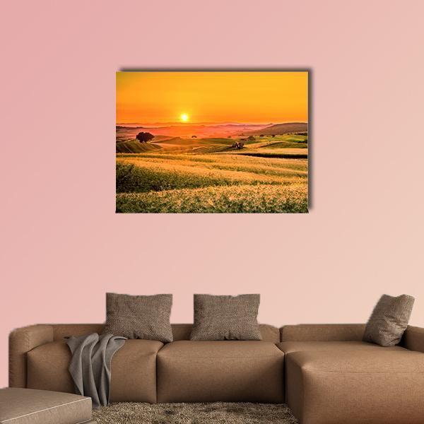 Tractor in Golden Fields at Sunset Canvas Wall Art in gold, orange and yellow, single panel hung on a wall