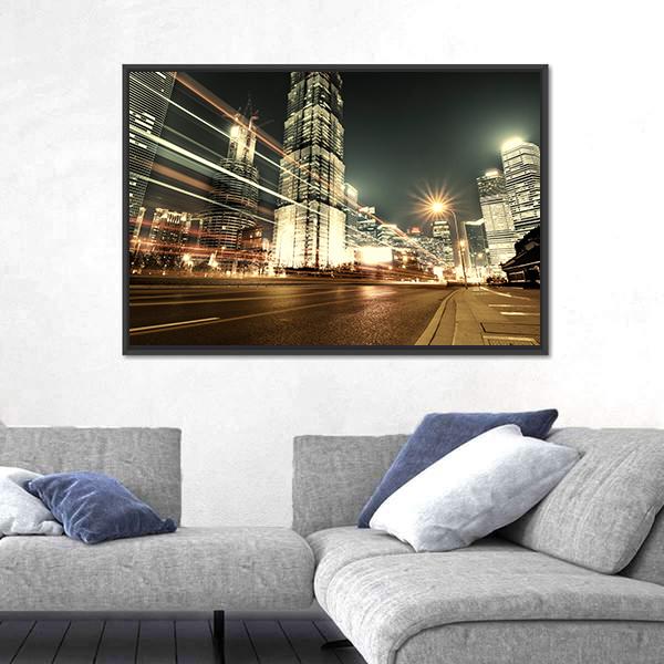 Trade Zone Of The Modern City Night Shanghai Canvas Wall Art-1 Piece-Floating Frame-24" x 16"-Tiaracle