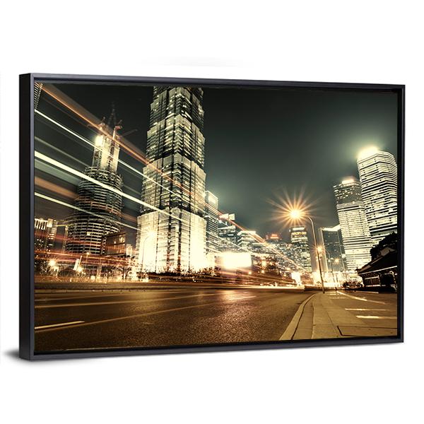 Trade Zone Of The Modern City Night Shanghai Canvas Wall Art-3 Horizontal-Gallery Wrap-25" x 16"-Tiaracle