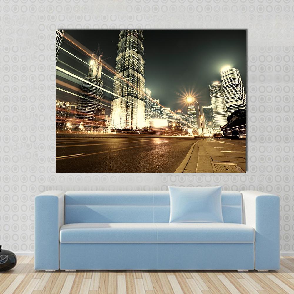 Trade Zone Of The Modern City Night Shanghai Canvas Wall Art-1 Piece-Gallery Wrap-48" x 32"-Tiaracle