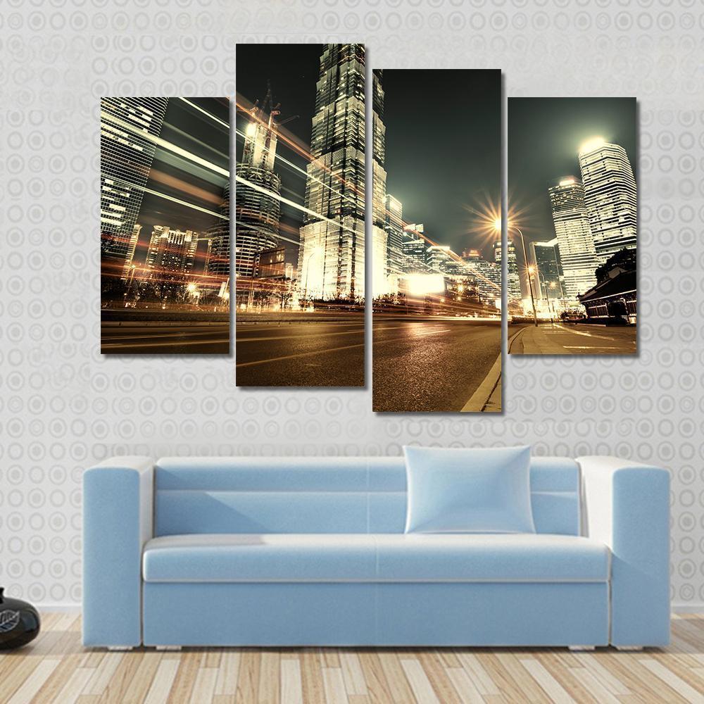 Trade Zone Of The Modern City Night Shanghai Canvas Wall Art-4 Pop-Gallery Wrap-50" x 32"-Tiaracle