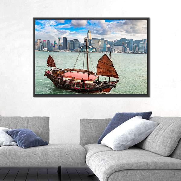 Traditional Chinese Wooden Sailing Ship In Victoria Canvas Wall Art-1 Piece-Floating Frame-24" x 16"-Tiaracle