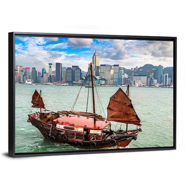 Traditional Chinese Wooden Sailing Ship In Victoria Canvas Wall Art-3 Horizontal-Gallery Wrap-25" x 16"-Tiaracle