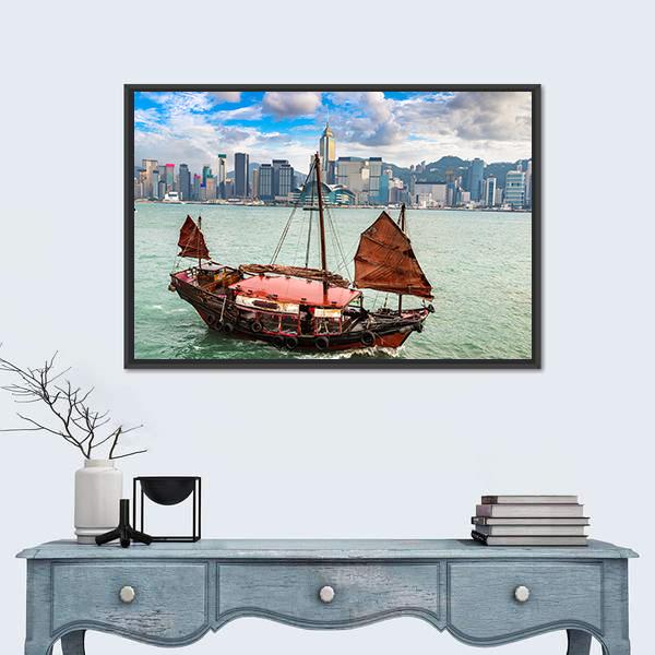Traditional Chinese Wooden Sailing Ship In Victoria Canvas Wall Art-3 Horizontal-Gallery Wrap-25" x 16"-Tiaracle