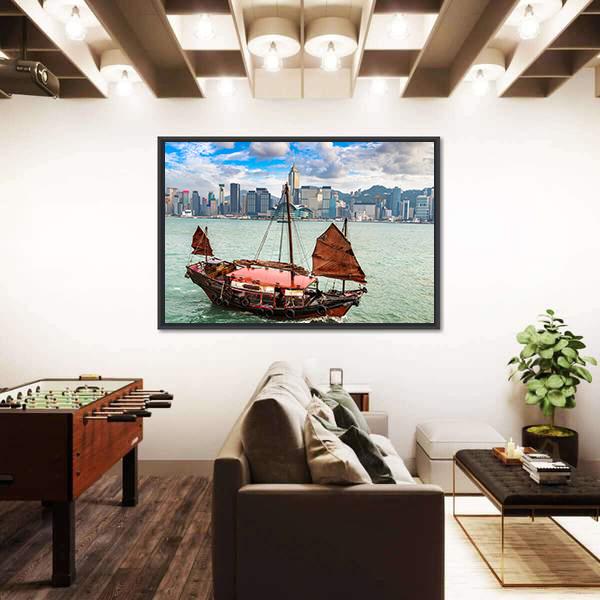 Traditional Chinese Wooden Sailing Ship In Victoria Canvas Wall Art-3 Horizontal-Gallery Wrap-25" x 16"-Tiaracle