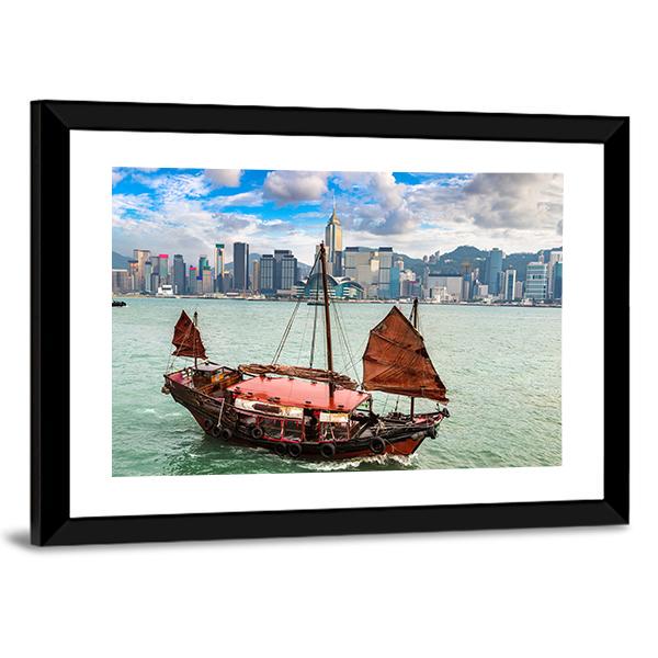 Traditional Chinese Wooden Sailing Ship In Victoria Canvas Wall Art-3 Horizontal-Gallery Wrap-25" x 16"-Tiaracle