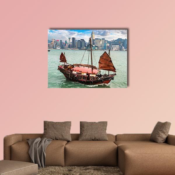 Traditional Chinese Junk Boat Harbor Scene Canvas Wall Art in gray, brown and blue, single panel hung on a wall
