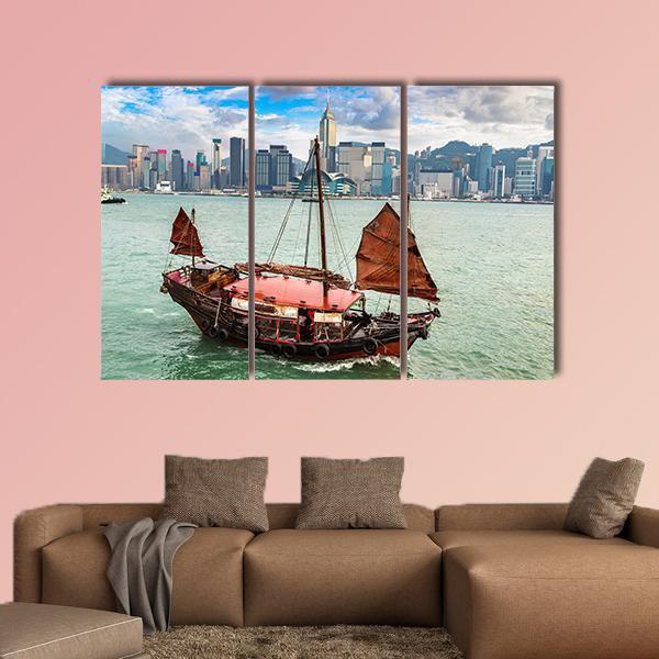Traditional Chinese Wooden Sailing Ship In Victoria Canvas Wall Art-3 Horizontal-Gallery Wrap-37" x 24"-Tiaracle