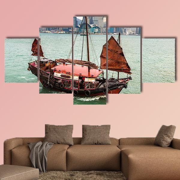 Traditional Chinese Wooden Sailing Ship In Victoria Canvas Wall Art-5 Star-Gallery Wrap-62" x 32"-Tiaracle