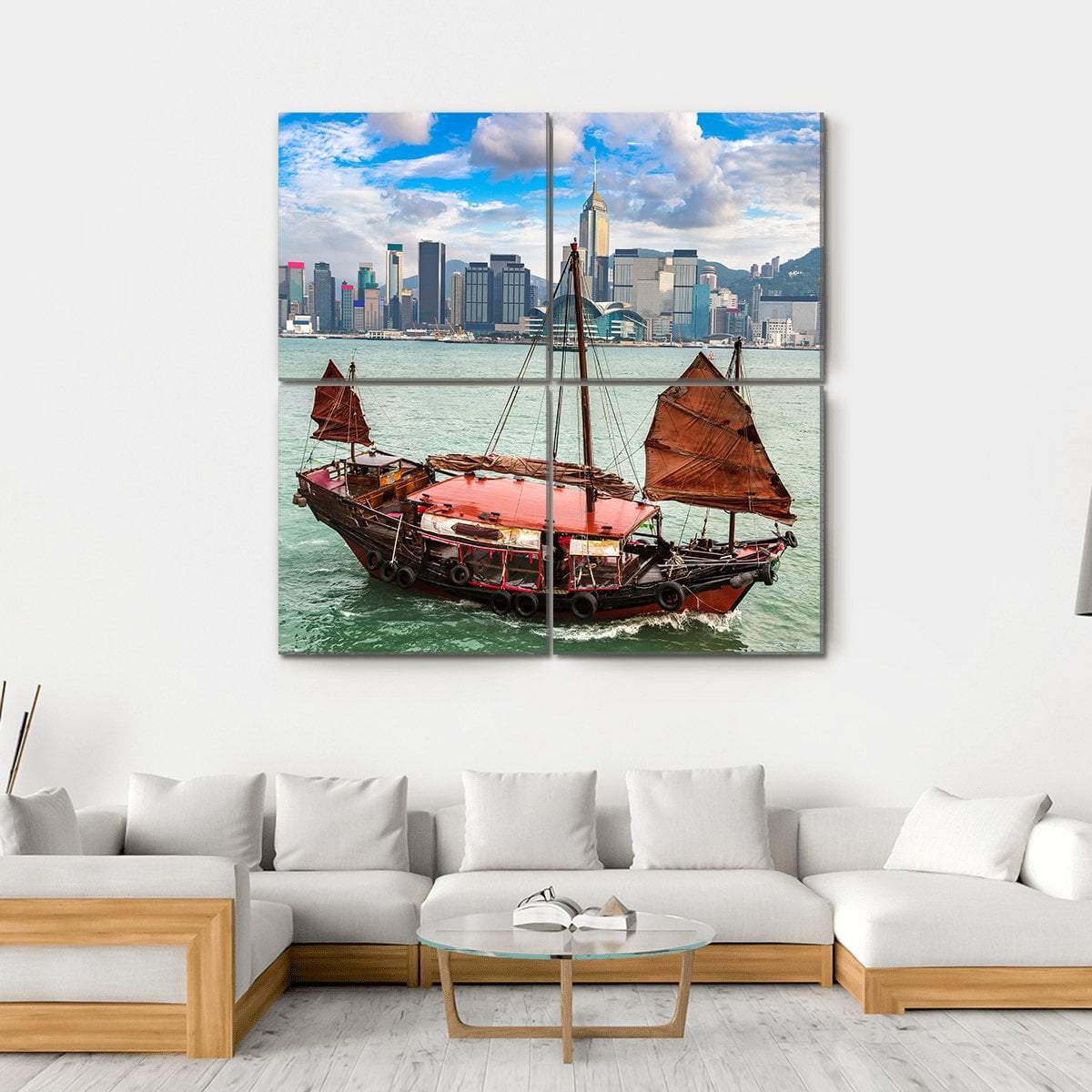 Traditional Chinese Wooden Sailing Ship In Victoria Canvas Wall Art-4 Square-Gallery Wrap-17" x 17"-Tiaracle
