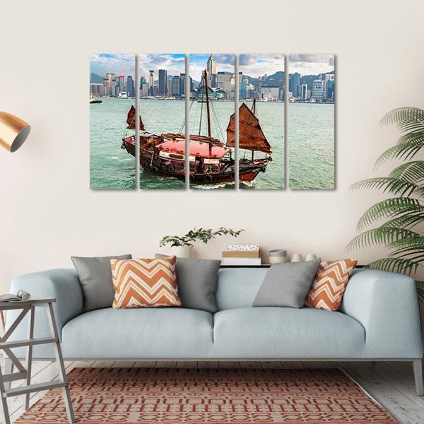Traditional Chinese Wooden Sailing Ship In Victoria Canvas Wall Art-5 Horizontal-Gallery Wrap-22" x 12"-Tiaracle