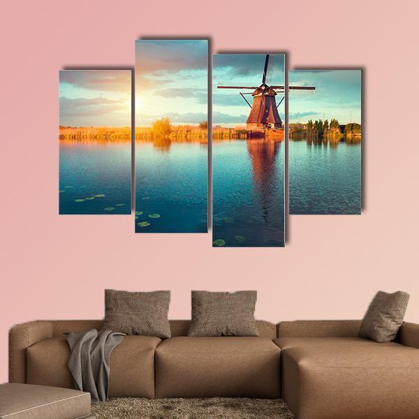 Traditional Dutch Windmills Canvas Wall Art-4 Pop-Gallery Wrap-50&quot; x 32&quot;-Tiaracle